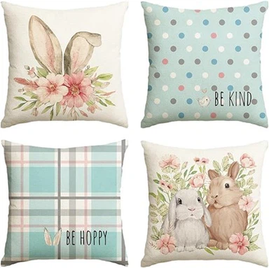 Funda de cojín con diseño de pájaro, lunares, cuadros de búfalo y flores de conejo de Pascua - decoración para sofá (juego de 4)